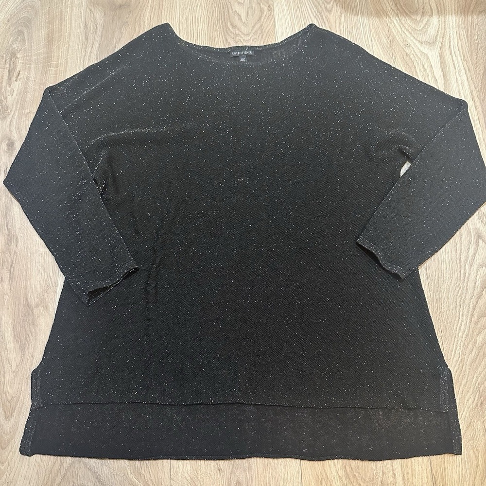 EILEEN FISHER Sweater Sx XL Organic Linen Blend Metallic Sheer Tunic Black Gold